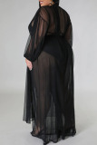 Black Sweet Solid See-through Mesh Cardigan Collar Plus Size Two Pieces(Without Bikinis )