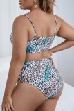 Multicolor Sexy Print Leopard Backless Spaghetti Strap Plus Size Swimwear (With Paddings)