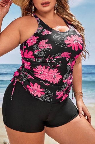 Deep Pink Sexy Print Backless U Neck Plus Size Swimwear (With Paddings)