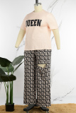 Orange Casual Basis Print Ripped Basic Printing Contrast O Neck Short Sleeve Two Pieces