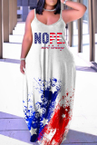 Plus Size Grey Casual Flag Stars Letter Print Backless Floor Length Long Loose Cami Maxi Dress