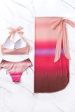 Pink Sexy Gradual Change Print Frenulum Backless Swimsuit Three Piece Set (With Paddings)