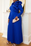 Blue Casual Solid Patchwork Pleated O Neck Long Sleeve Plus Size Dresses