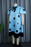 Blue Casual Dot Print Patchwork With Bow Half A Turtleneck Short Sleeve Dress Plus Size Dresses