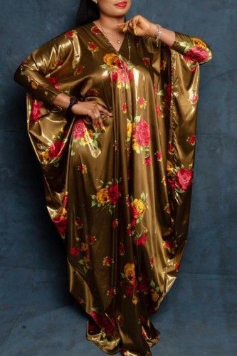 Coffee Casual Print Basic V Neck Long Dress Plus Size Dresses