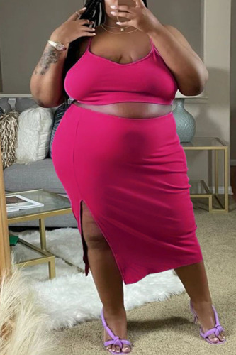 Rose Purple Casual Solid Patchwork Slit Spaghetti Strap One Step Skirt Plus Size Two Pieces