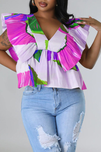 Rose Purple Casual Sweet Cute Basis Print Flounce Fold V Neck Tops