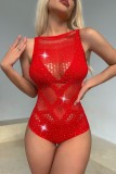 Red Sexy Living Solid Hollowed Out See-through Hot Drill Lingerie