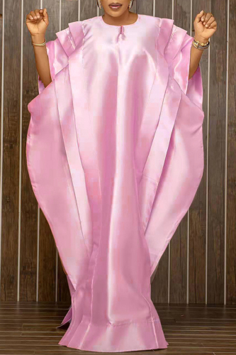 Pink Casual Solid Patchwork O Neck Long Dress Plus Size Dresses