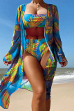 Blue Leaf Print Long Sleeve Cardigan Strapless Crop Top and Shorts Vacation Beach Swimsuit Three Piece Set