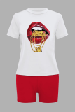 White Red Casual Lips Printed Patchwork O Neck Short Sleeve Two Pieces