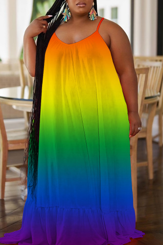 Plus Size Orange Yellow Sexy Casual Print Backless Spaghetti Strap Long Dress Dresses