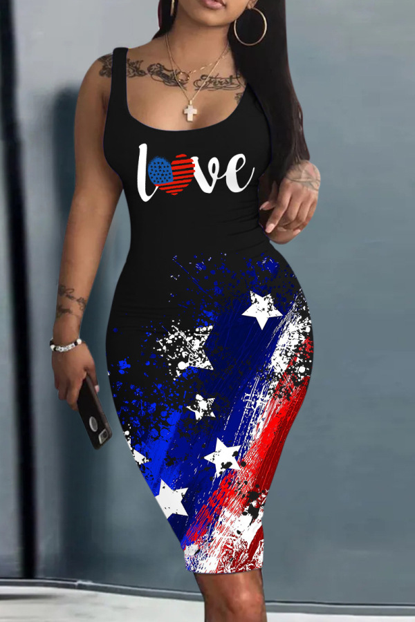 Black Casual Flag Stars Print U Neck Knee Length Sleeveless Bodycon Tank Maxi dress