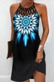 Navy Casual Print Hollowed Out O Neck Sleeveless Dress Dresses