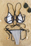 White Sexy Striped Patchwork Bandage Hollowed Out Backless Swimwears (With Paddings)