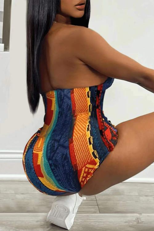 Multicolor Street Print Patchwork Frenulum Backless Halter Regular Rompers