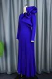 Blue Casual Solid Patchwork Pleated O Neck Long Sleeve Plus Size Dresses
