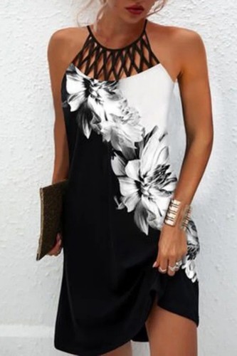 White Casual Print Hollowed Out O Neck Sleeveless Dress Dresses