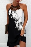 Navy Casual Print Hollowed Out O Neck Sleeveless Dress Dresses