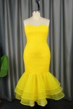 Yellow Sexy Formal Solid Backless Strapless Trumpet Mermaid Plus Size Dresses