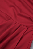 Red Elegant Solid Patchwork Flounce Asymmetrical Oblique Collar One Step Skirt Dresses