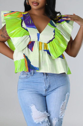 Green Casual Sweet Cute Basis Print Flounce Fold V Neck Tops