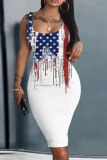White Blue Red Casual Flag Stars Print U Neck Knee Length Sleeveless Bodycon Tank Maxi dress