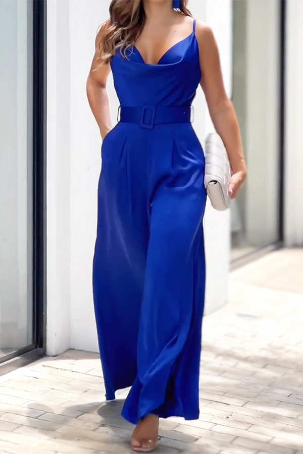 Royal Blue Casual Simplicity Solid Solid Color V Neck Loose Jumpsuits