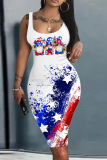 White Casual Flag Stars Print U Neck Knee Length Sleeveless Bodycon Tank Maxi dress