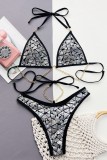 Silver Black Sexy Patchwork Bandage Sequins Chains Backless Swimwears (With Paddings)