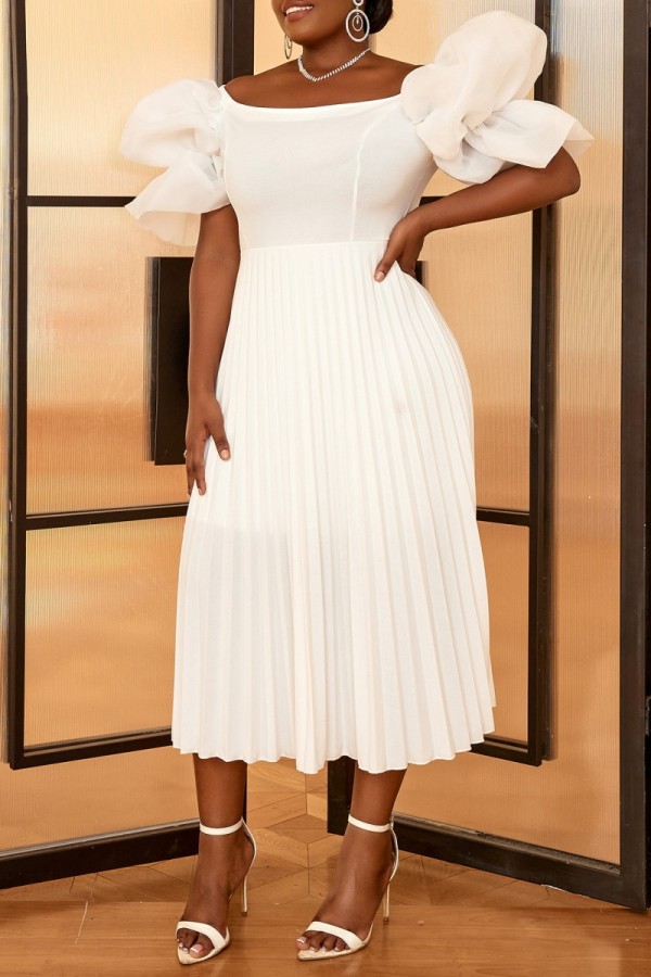 White Casual Solid Patchwork Off the Shoulder Pleated Plus Size Dresses