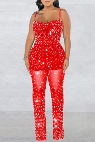 Red Sexy Patchwork Hot Drilling Backless Spaghetti Strap Skinny Jumpsuits (Subject To The Actual Object)