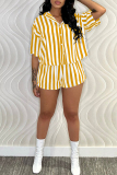 Yellow Casual Striped Print Patchwork Turndown Collar Short Sleeve Two Pieces