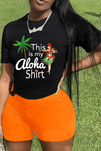 Orange Street Print Patchwork O Neck Short Sleeve Two Pieces