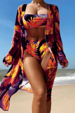 Orange Leaf Print Long Sleeve Cardigan Strapless Crop Top and Shorts Vacation Beach Swimsuit Three Piece Set
