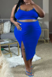 Colorful Blue Casual Solid Patchwork Slit Spaghetti Strap One Step Skirt Plus Size Two Pieces