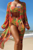 Orange Leaf Print Long Sleeve Cardigan Strapless Crop Top and Shorts Vacation Beach Swimsuit Three Piece Set