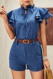 Blue Casual Print Solid Patchwork With Belt O Neck Short Sleeve Two Pieces