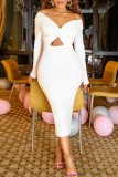Cream White Sexy Casual Solid Hollowed Out V Neck Long Sleeve Dresses
