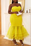 Yellow Sexy Formal Solid Backless Strapless Trumpet Mermaid Plus Size Dresses