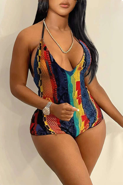Multicolor Street Print Patchwork Frenulum Backless Halter Regular Rompers