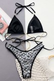 Silver Black Sexy Patchwork Bandage Sequins Chains Backless Swimwears (With Paddings)