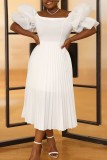 White Casual Solid Patchwork Off the Shoulder Pleated Plus Size Dresses