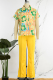 Yellow Casual Print Patchwork Buckle Turndown Collar Short Sleeve Two Pieces