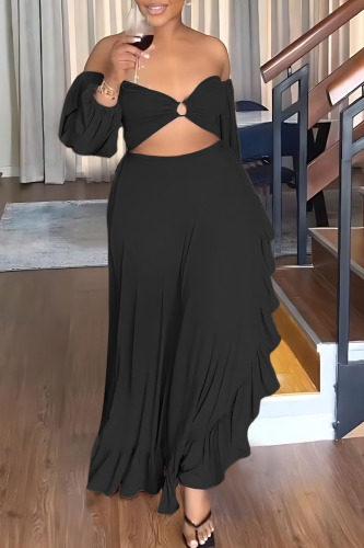 Black Celebrities Solid Hollowed Out Backless Off the Shoulder Asymmetrical Dresses