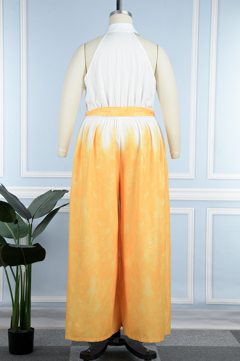 Wholesale Yellow Sexy Casual Gradual Change Tie-dye Halter Straight Jumpsuits K76741-1 Online