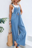 Light Blue Casual Vacation Solid Buttons Square Collar Loose Jumpsuits