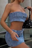 Blue Sexy Casual Solid Patchwork Backless Sleeveless Two Pieces