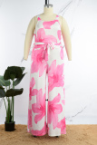 Rose Red Casual Vacation Simplicity Floral Vests Printing Square Collar Straight Jumpsuits