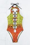 Orange Sexy Print Leopard Bandage Hollowed Out Backless Swimwears (With Paddings)